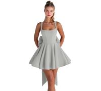 Abiti da ritorno a casa in raso con fiocco corto una linea collo quadrato Prom Cocktail Party abito per adolescenti corsetto mini abito, Argento, 40