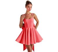 Abiti da ritorno a casa in raso con fiocco corto una linea collo quadrato Prom Cocktail Party abito per adolescenti corsetto mini abito, Corallo, 38