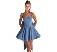 Abiti da ritorno a casa in raso con fiocco corto una linea collo quadrato Prom Cocktail Party abito per adolescenti corsetto mini abito, Blu polvere., 40
