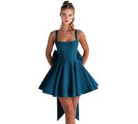 Abiti da ritorno a casa in raso con fiocco corto una linea collo quadrato Prom Cocktail Party abito per adolescenti corsetto mini abito, Pavone, 40
