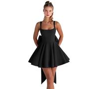 Abiti da ritorno a casa in raso con fiocco corto una linea collo quadrato Prom Cocktail Party abito per adolescenti corsetto mini abito, Nero , 42
