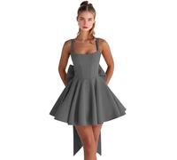Abiti da ritorno a casa in raso con fiocco corto una linea collo quadrato Prom Cocktail Party abito per adolescenti corsetto mini abito, Grigio, 44