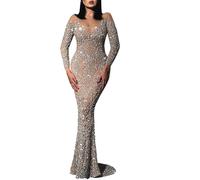 Abiti da sera da donna lunghi con glitter - Abito da donna con glitter per festival, trasparente, da cerimonia, per curvy, abito da ballo a maniche lunghe, abito da sposa con strass, abito elegante da