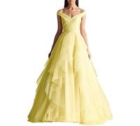 Abiti da sera formali da sera con scollo a V profondo in tulle gonfio fuori dalla spalla A-Line lunghezza del pavimento Dolce principessa abiti per le donne, Giallo, 42