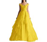 Abiti da sera formali da sera con scollo a V profondo in tulle gonfio fuori dalla spalla A-Line lunghezza del pavimento Dolce principessa abiti per le donne, giallo senape., 48