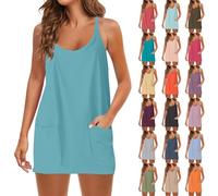 Abiti da spiaggia da donna estivi, corti, casual, senza maniche, mini abito con tasche, abito boho, a spallina, a vestaglia, a manica lunga, a tinta unita, taglie forti, Lilla, 5XL