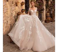 Abiti da Sposa A Manica Lunga da Donna Abiti da Sposa Lunghi con Elegante Scollatura A V sul Retro Abito da Sposa in Pizzo Nudo con Applique - Avorio White 44