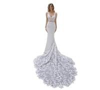 Abiti da Sposa in Pizzo con Scollo A V Senza Schienale in Tulle Appliques Abiti da Sposa A Sirena per Donna Abito da Sposa splendido di Lunghezza del Pavimento