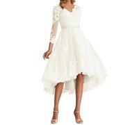 Abiti da sposa linea A corti in pizzo e tulle, abito da sposa alto-basso a maniche lunghe per matrimonio civile, avorio, 42