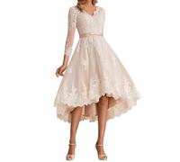 Abiti da sposa linea A corti in pizzo e tulle, abito da sposa alto-basso a maniche lunghe per matrimonio civile, champagne, 54