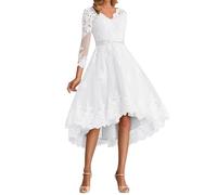 Abiti da sposa linea A corti in pizzo tulle abito da sposa alto-basso abito da matrimonio a maniche lunghe abito per matrimonio civile, bianco, 50