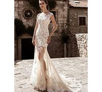 Abiti da Sposa Lunghi Una Taglia Elegante Pizzo Tulle Applique Sexy Abito da Sposa Avorio White 44