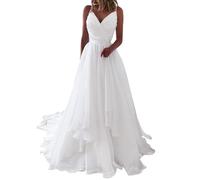 Abiti da Sposa Lungo Semplice Beach Abito da Sposa Spaghetti Straps Chiffon Abiti da Sera, SEVENYXX, Bianco, 44