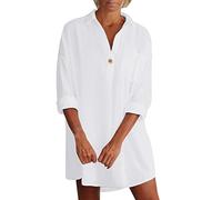 Abiti da sposa per le donne calde europee e americane di media lunghezza con scollo a V a maniche lunghe, abito midi sciolto e casual da donna, bianco, XXL