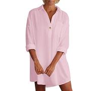 Abiti da sposa per le donne calde europee e americane di media lunghezza con scollo a V a maniche lunghe, abito midi sciolto e casual da donna, rosa, 3XL