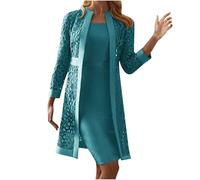 Abiti da sposa per le donne due pezzi madre della sposa abiti petite pizzo scava fuori manica lunga cardigan + abito senza maniche estivo elegante festa casual abiti da donna, Blu, S