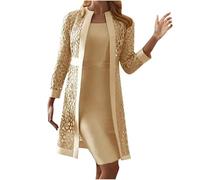 Abiti da sposa per le donne due pezzi madre della sposa abiti petite pizzo scava fuori manica lunga cardigan + abito senza maniche estivo elegante festa casual abiti da donna, cachi, S