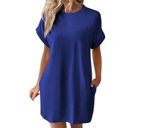 Abiti da sposa per le donne tinta unita girocollo manica a pipistrello maniche corte tasche nascoste abito casual allentato abito nero per le donne, Blu, S
