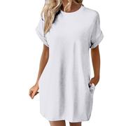 Abiti da sposa per le donne tinta unita girocollo manica a pipistrello maniche corte tasche nascoste abito casual allentato abito nero per le donne, bianco, L