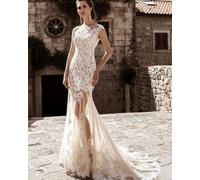 Abiti da Sposa Sezione Lunga Grande Formato Una Parola Elegante Pizzo Tulle Applique Abito da Sposa Sexy, White, 32