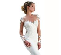 Abiti da Sposa Sirena in Pizzo per la Sposa, Maniche Lunghe a V Maniche Lunghe Abiti da Ballo da Donna da Donna con Piccola Coda Bianca Us 26W, Bianco, US 10