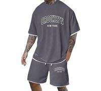 Abiti da uomo alla moda per gite casual e feste. Elegante set in due pezzi con stampa a lettere. Moda estiva. Design versatile per l'uso quotidiano. Set comodo ed elastico., grigio., 3XL