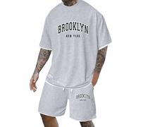 Abiti da uomo alla moda per gite casual e feste. Elegante set in due pezzi con stampa a lettere. Moda estiva. Design versatile per l'uso quotidiano. Set comodo ed elastico., grigio chiaro., XL