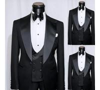 Abiti da uomo neri 3 pezzi moda bottone singolo raso picco risvolto smoking slim fit festa sposo matrimonio formale elegante costume homme