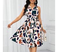 Abiti da vacanza con stampa geometrica e fiocco in vita per donne, abiti estivi da vacanza per donne L,M,S,XL,XS,XXL,XXS,XXXL,XXXXLBlocchi di colore,Colore unico,stampa dappertutto,Stampa CasualeTessu