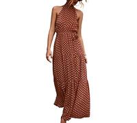Abiti di Cavezza per Le Donne, Elegante Abito Lungo Senza Maniche Estivo Primavera Estivo, Modello di Stampa Vintage Traspirante Abiti Maxi Che Nascondono Il Grasso della Pancia, per Vacanze(L-caffè)