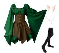 Abiti Di Halloween Da Donna Vittoriano Medievale Costumi Di Halloween Elegante Celtico Vestito Da Steampunk Con Maniche Svasate Carnevale con Orecchie da Elfo, Collana, Calze Sopra il Ginocchio