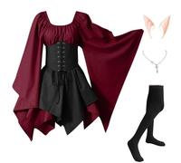 Abiti Di Halloween Da Donna Vittoriano Medievale Costumi Di Halloween Elegante Celtico Vestito Da Steampunk Con Maniche Svasate Carnevale con Orecchie da Elfo, Collana, Calze Sopra il Ginocchio