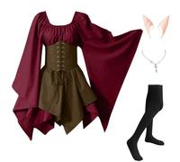 Abiti Di Halloween Da Donna Vittoriano Medievale Costumi Di Halloween Elegante Celtico Vestito Da Steampunk Con Maniche Svasate Carnevale con Orecchie da Elfo, Collana, Calze Sopra il Ginocchio