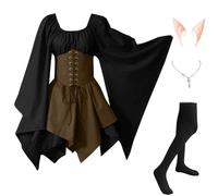 Abiti Di Halloween Da Donna Vittoriano Medievale Costumi Di Halloween Elegante Celtico Vestito Da Steampunk Con Maniche Svasate Carnevale con Orecchie da Elfo, Collana, Calze Sopra il Ginocchio