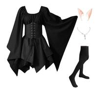 Abiti Di Halloween Da Donna Vittoriano Medievale Costumi Di Halloween Elegante Celtico Vestito Da Steampunk Con Maniche Svasate Carnevale con Orecchie da Elfo, Collana, Calze Sopra il Ginocchio