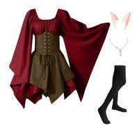Abiti Di Halloween Da Donna Vittoriano Medievale Costumi Di Halloween Elegante Celtico Vestito Da Steampunk Con Maniche Svasate Carnevale con Orecchie da Elfo, Collana, Calze Sopra il Ginocchio