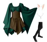 Abiti Di Halloween Da Donna Vittoriano Medievale Costumi Di Halloween Elegante Celtico Vestito Da Steampunk Con Maniche Svasate Carnevale con Orecchie da Elfo, Collana, Calze Sopra il Ginocchio