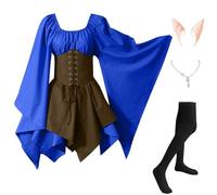Abiti Di Halloween Da Donna Vittoriano Medievale Costumi Di Halloween Elegante Celtico Vestito Da Steampunk Con Maniche Svasate Carnevale con Orecchie da Elfo, Collana, Calze Sopra il Ginocchio
