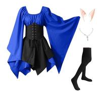Abiti Di Halloween Da Donna Vittoriano Medievale Costumi Di Halloween Elegante Celtico Vestito Da Steampunk Con Maniche Svasate Carnevale con Orecchie da Elfo, Collana, Calze Sopra il Ginocchio