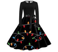 Abiti Donna Natalizi, Abito Donna Invernale con Scollo a V con Stampa di Babbo con Volant retrò a Maniche Lunghe Eleganti Mini Abito Rockabilly Costume Natale Donna per Xmas Party