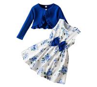 Abiti e completi per bambine, casual, da spiaggia, per feste scolastiche, abito senza maniche con fiocco stampato e cardigan a coste a maniche lunghe, due pezzi, abbigliamento per bambini dai 3 ai 7#G