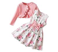 Abiti e completi per bambine, casual, da spiaggia, per feste scolastiche, abito senza maniche con fiocco stampato e cardigan a coste a maniche lunghe, due pezzi, abbigliamento per bambini dai 3 ai 7#G