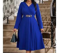 Abiti eleganti da ufficio e per il pendolarismo in autunno e inverno, blu reale e viola, abiti con scollo a V, plissettati, a linea A, taglie forti, con maniche lunghe, decorati con catena in vita e o