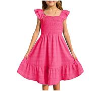 Abiti estivi a pieghe per ragazze Manica svolazzante di compleanno Collo quadrato Bambini Plain Flowy Smock Abito con volant Una linea di nozze Party Casual Elegante Gonne, Rosa acceso, 5-6 Anni