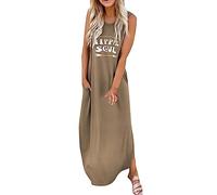 Abiti estivi casual da donna abito lungo casual da donna stampato lettera moda senza maniche Maxi Daliy O-collo abito da donna abiti estivi da donna, cachi, S