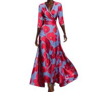 Abiti estivi casual da donna alla moda elegante temperamento scollo a V stampa gonna abito midi abiti da donna, blu cielo, S