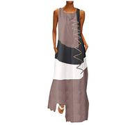 Abiti estivi casual da donna taglie forti per tutti i giorni senza maniche patchwork O collo maxi abito midi abiti da donna, cachi, XXL