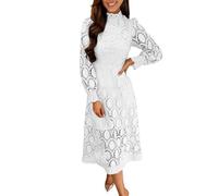 Abiti estivi da donna abito estivo in pizzo scavato fuori vestito slim colletto in piedi manica a sbuffo tinta unita abito lungo nero per le donne, bianco, XL