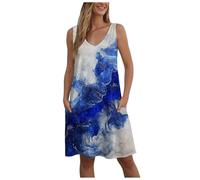 Abiti estivi da donna larghi con scollo a V senza maniche prendisole con tasche abiti midi per festival matrimoni ospiti, Blu, 3XL