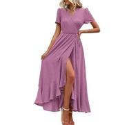 Abiti estivi da donna per il tempo libero vita allentata scollo a V increspato plissettato fondo una linea abito lungo maxi abiti da donna, Viola, L
